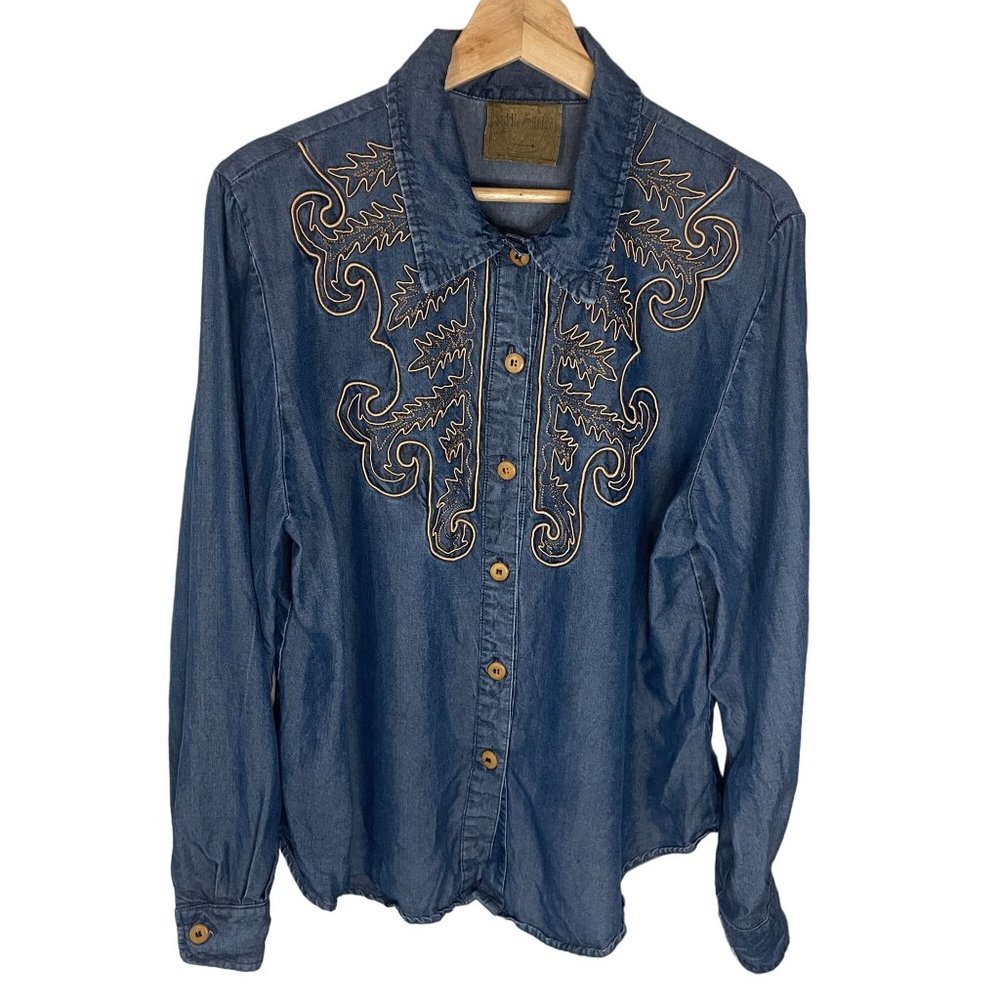 Vintage Saddle Ridge Embroidered Corded Denim Western Shirt Women L? Blue